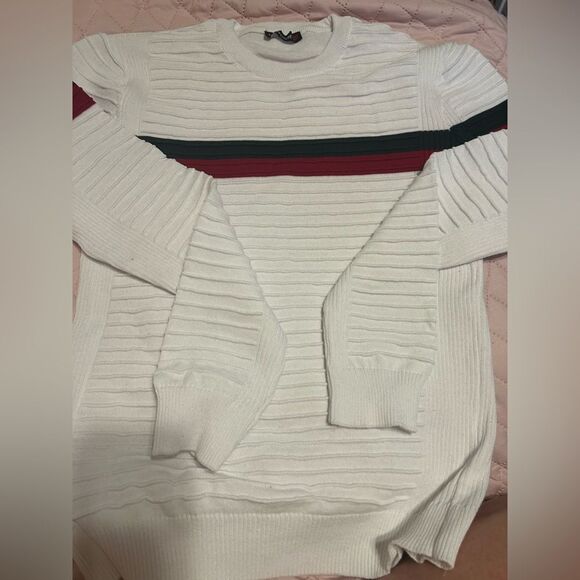 TM Exposure Classic Crew Neck Sweater in White Green and Red Stripes - Picture 2 of 13